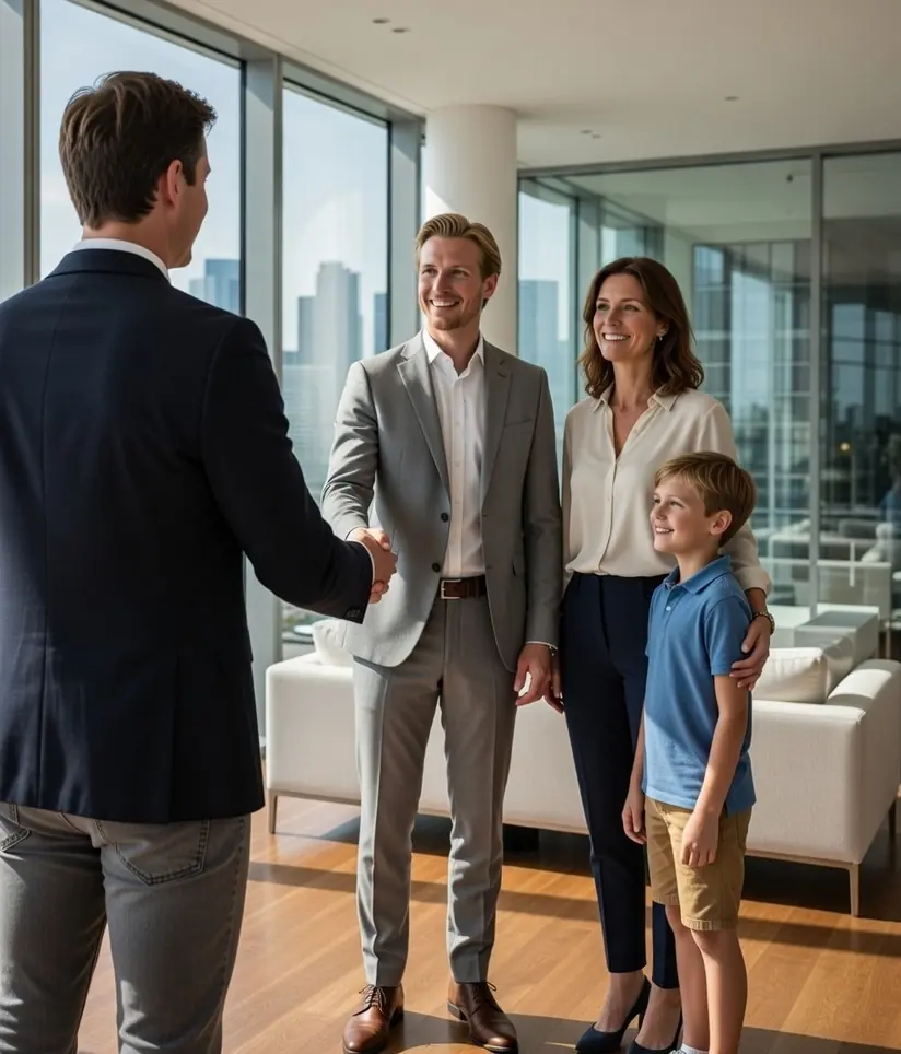 Een gezin in hun nieuwe woning, in gesprek met de taxateur